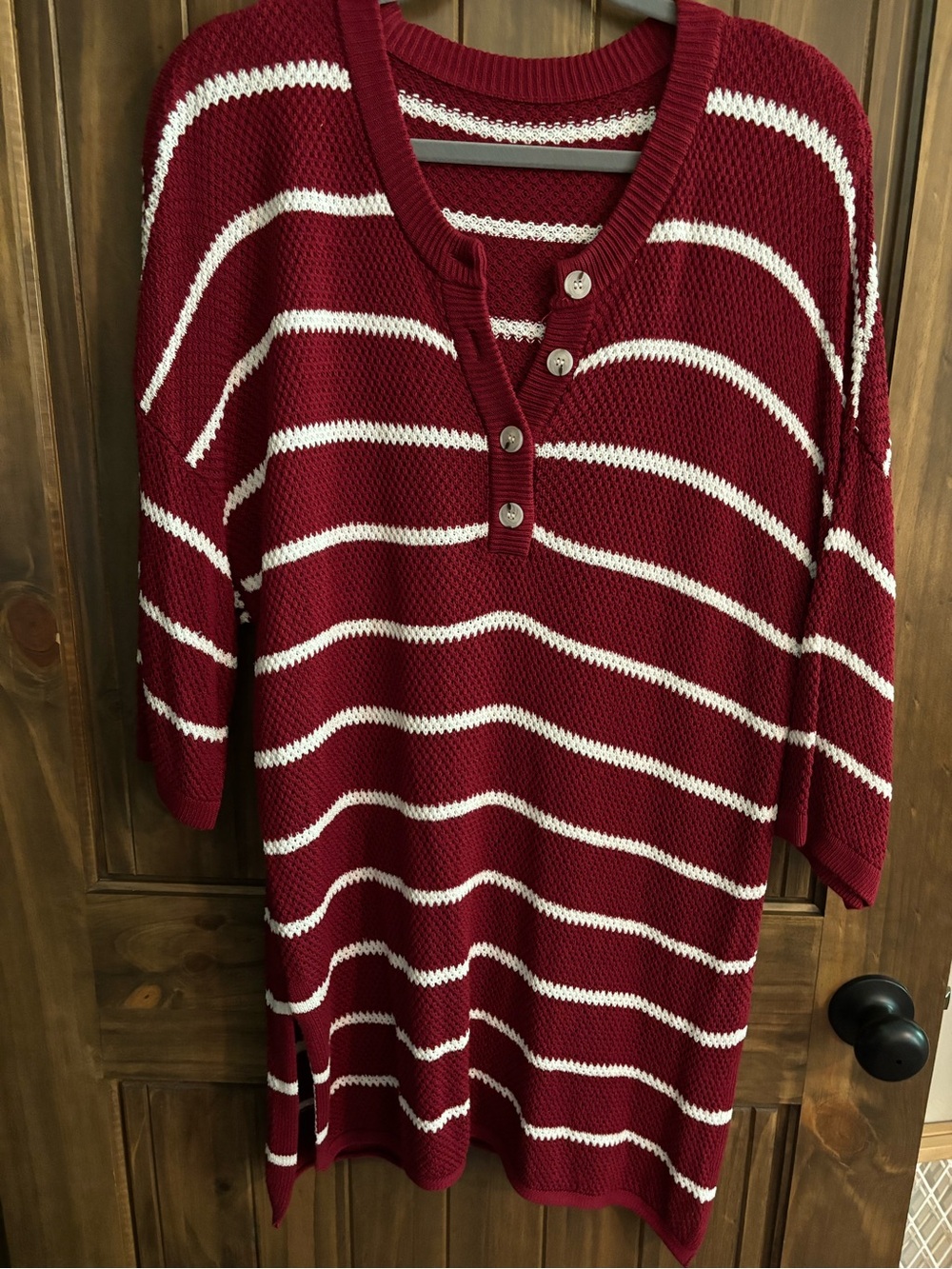 Striped Maroon and White Button Henley Sweater 2XL